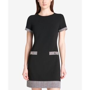 Tommy Hilfiger Black Shift Dress Plaid Trim Size 8 Classic Preppy Chic